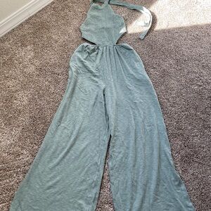 American Eagle Outfitters Sage Green Halter Wide-Leg Jumpsuit